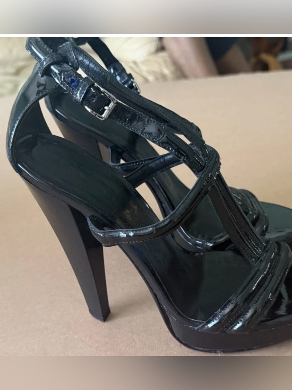 BURBERRY GLOSSY PLATFORM PUMPS HEELS SANDALS Sz 38.5 US 8.5 Black Made In Italy